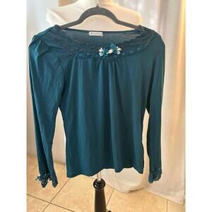 Axes Femme Teal Rose Lace Bow Top Long Sleeve Dark Coquette M